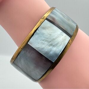 Wide Mother of Pearl Inlay Gold Tone Bangle Bracelet